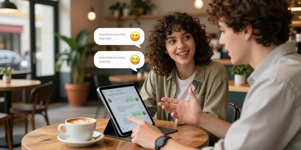 Engaging moment showing girlfriend AI chat on tablet in a cozy cafe.