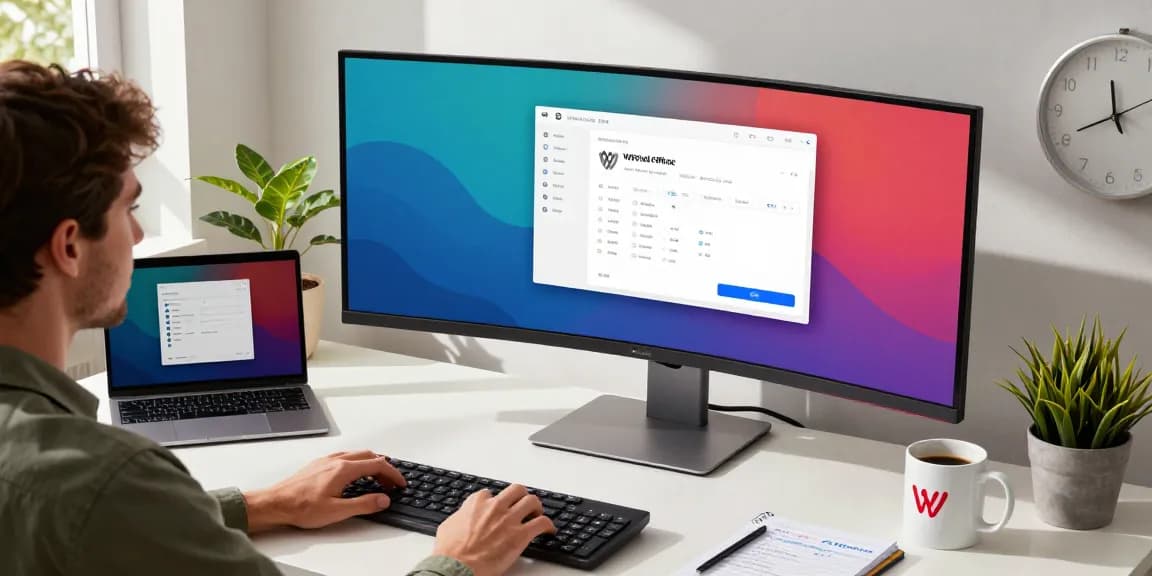 WPS Download in a modern workspace with a user seated at a sleek desktop setup, downloading productivity tools.
