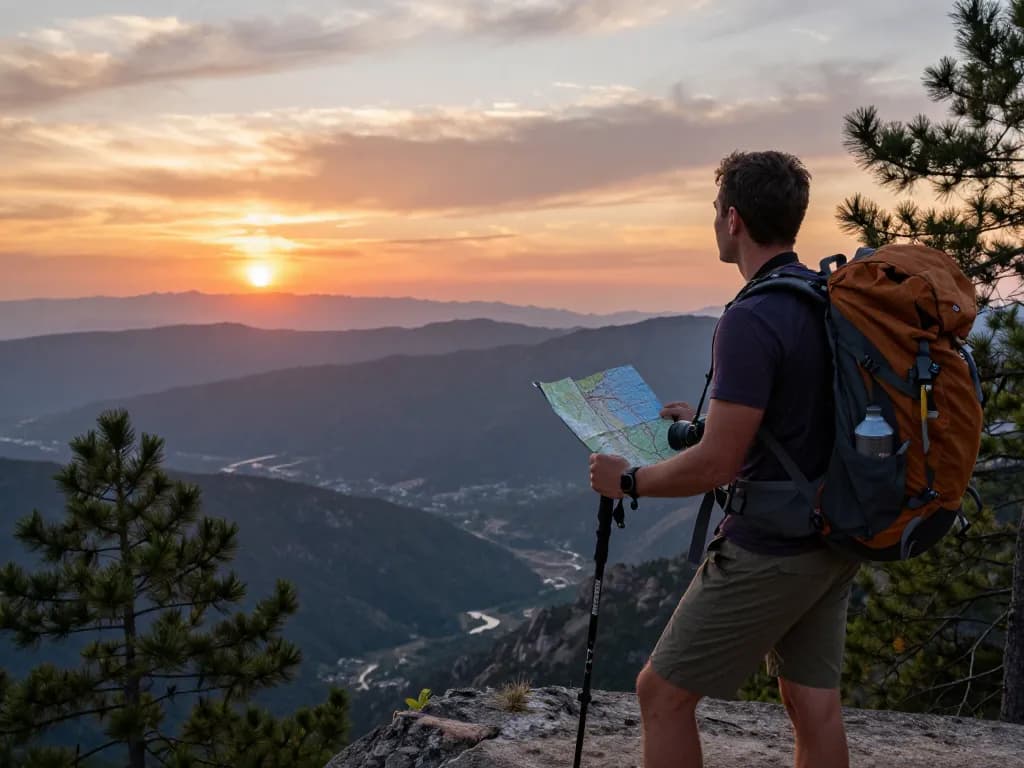 Traveler at a mountain viewpoint during sunset, exploring the scenic landscape with Fly88 gear.