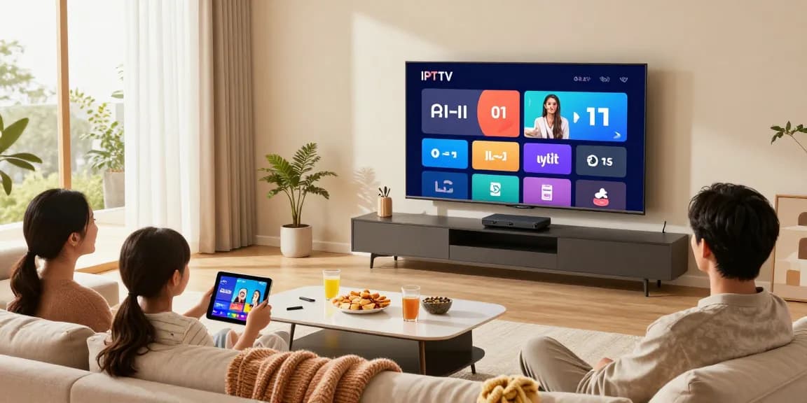 Familj som njuter av Smart IPTV i ett modernt vardagsrum, som visar bekvämligheten av streaming på flera enheter.