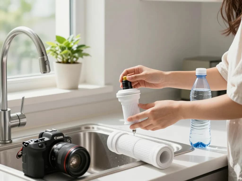 Installation av ett vattenfilterkran för förbättrad dricksvattenkvalitet på https://vattenfilterspecialisten.se/vattenfilter/vattenfilter-kran/ i en ljus köksmiljö.