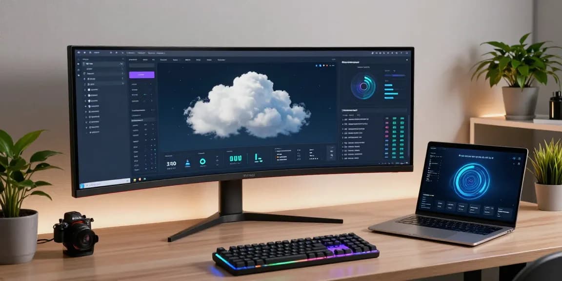 mb668u technology workspace featuring cloud computing dashboard and data analytics in a modern office setting