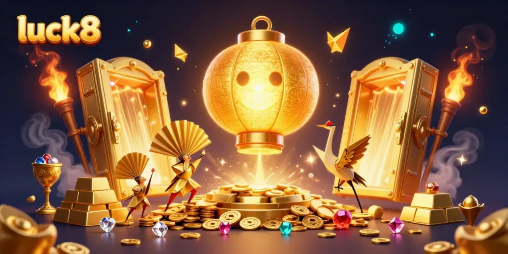 Experience the thrill of luck8 casino with vibrant colors and dynamic characters, showcasing golden treasures and exciting gameplay.