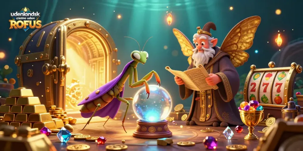Winning big at udenlandsk casino uden ROFUS, with vibrant slot reels and enchanting characters.