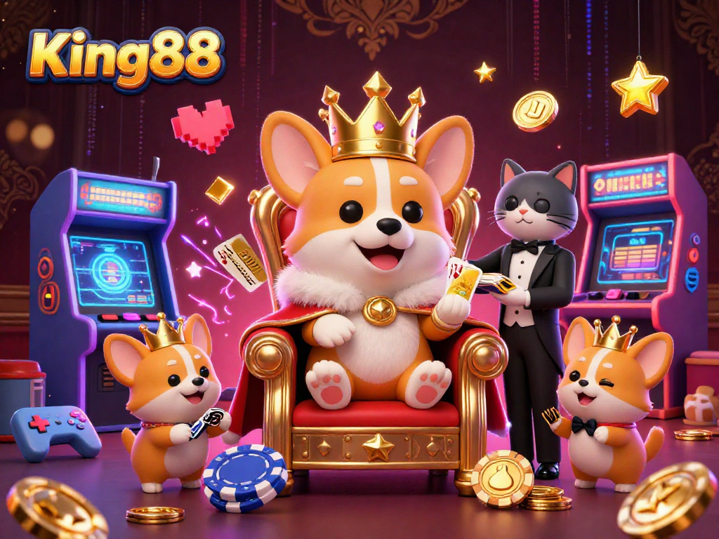 King88's vibrant online casino world showcases corgis and arcade games filled with fortune.
