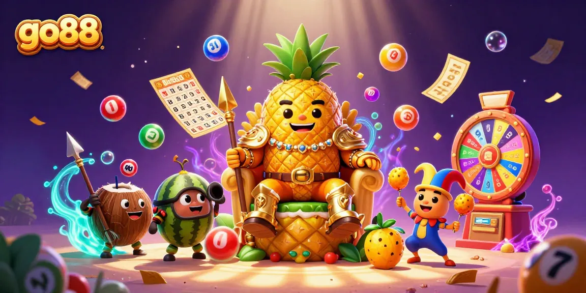 Interact with vibrant gaming details at go88 featuring a golden pineapple king and dynamic casino elements.