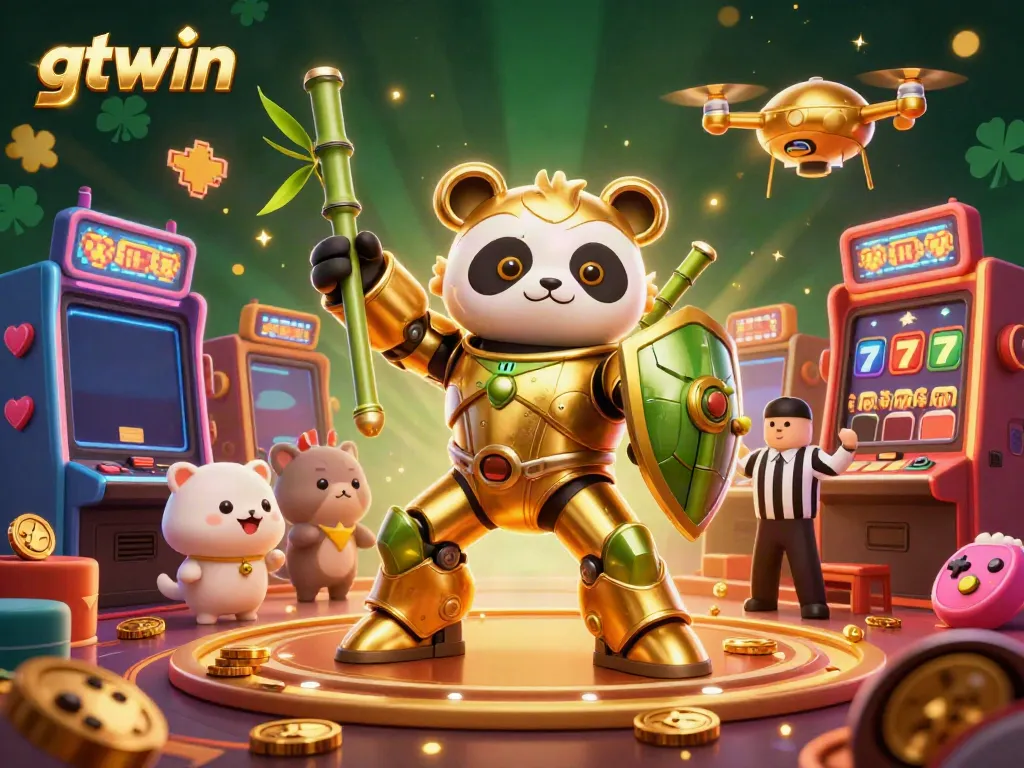 Featuring gtwin's energetic casino scene with a golden panda in a mech-suit and colorful gaming elements.