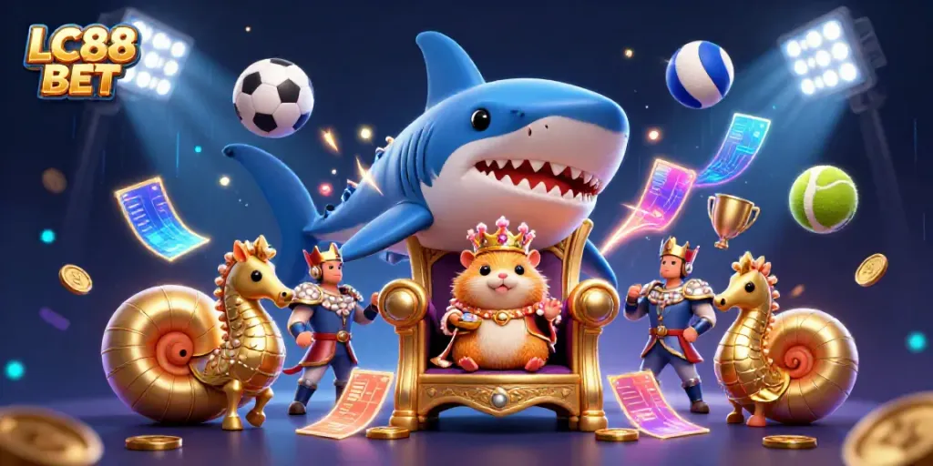 Experience thrilling bets with LC88 BET, featuring a golden hamster king amidst sports elements and vibrant casino atmosphere.