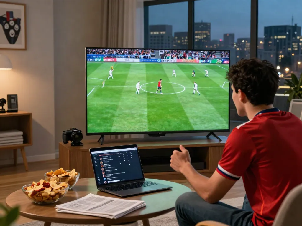 Excited fan watching live soccer on CakhiaTV with snacks and devices.