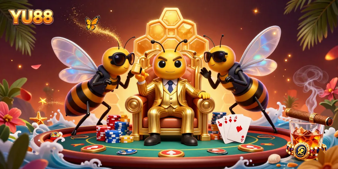 Engage with YU88's thrilling live casino experience, featuring a vibrant bumblebee mob boss amidst poker chaos.