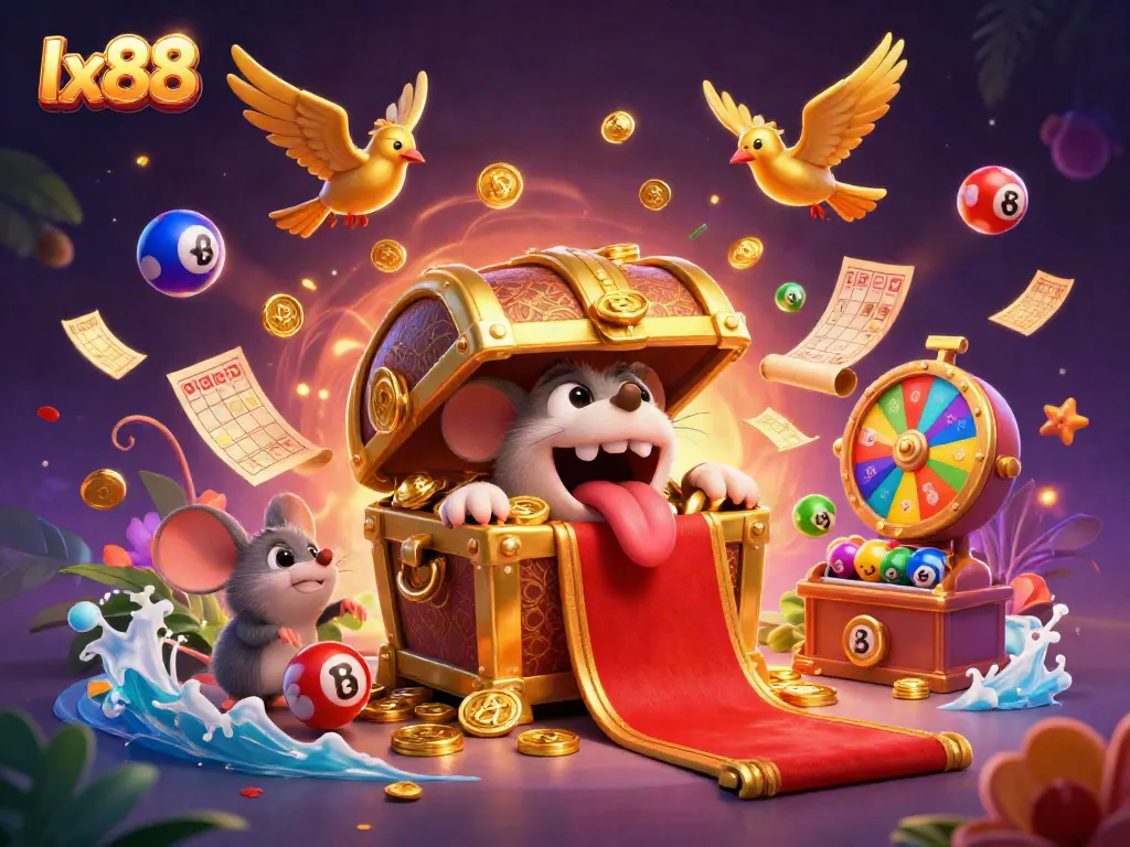 Experience the adventure of lx88 with colorful lottery elements and a treasure chest enticing players.