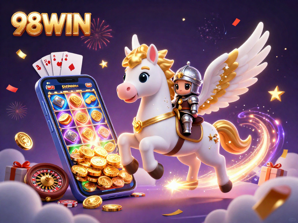 Engage with 98WIN's exciting gaming experience featuring a celestial horse and knight amidst vibrant slot machines and casino elements.