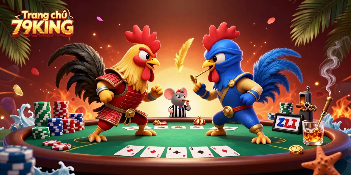 Experience a thrilling showdown on Trang chủ 79KING with our dynamic casino-themed illustration showcasing epic rooster combat.