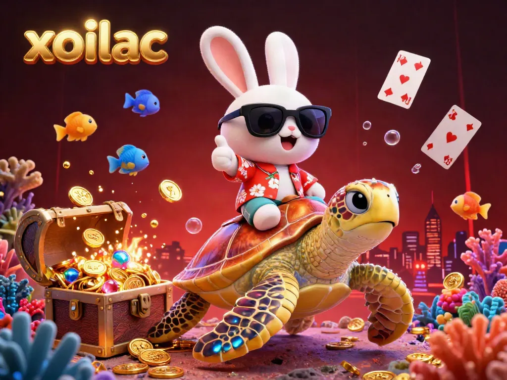 Xoilac showcases a vibrant underwater scene with a lucky rabbit and golden turtle, capturing the excitement of virtual betting.