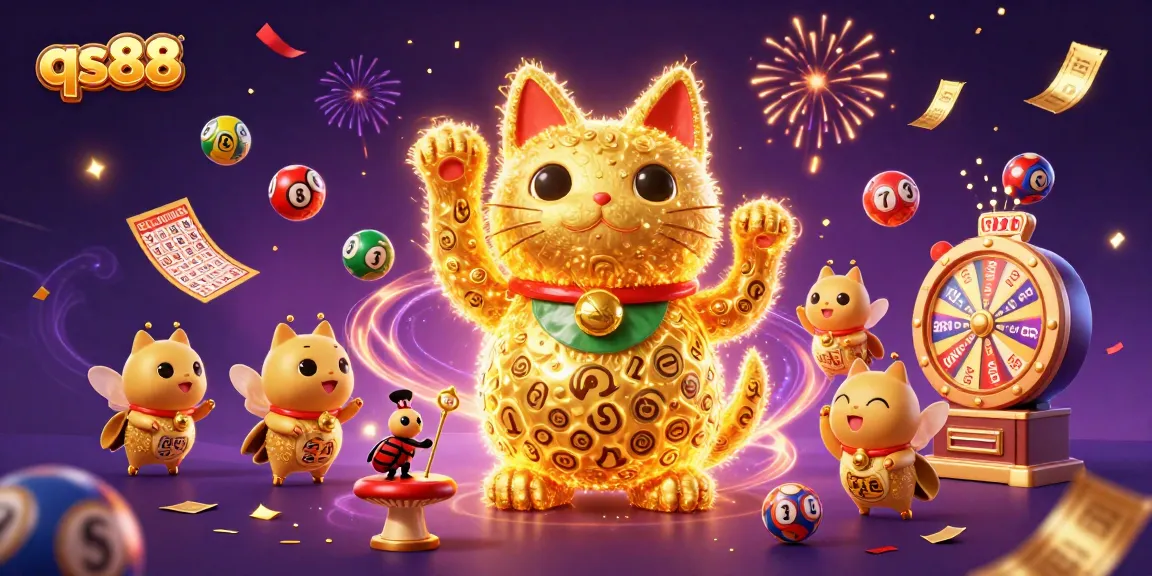 qs88 illustrates a lively scene with a lucky cat, colorful lottery balls, and festive decorations.