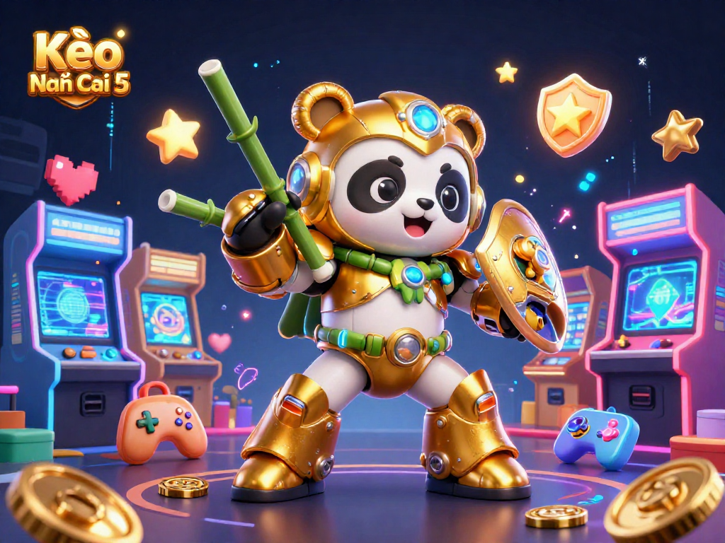 Kèo Nhà Cái 5 showcases a vibrant 3D casino scene with a mech-suit panda in a colorful arcade.
