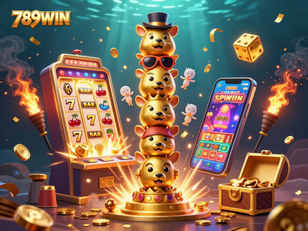 Experience the vibrant world of 789WIN with a golden totem pole and slot machine bursting with jackpots.