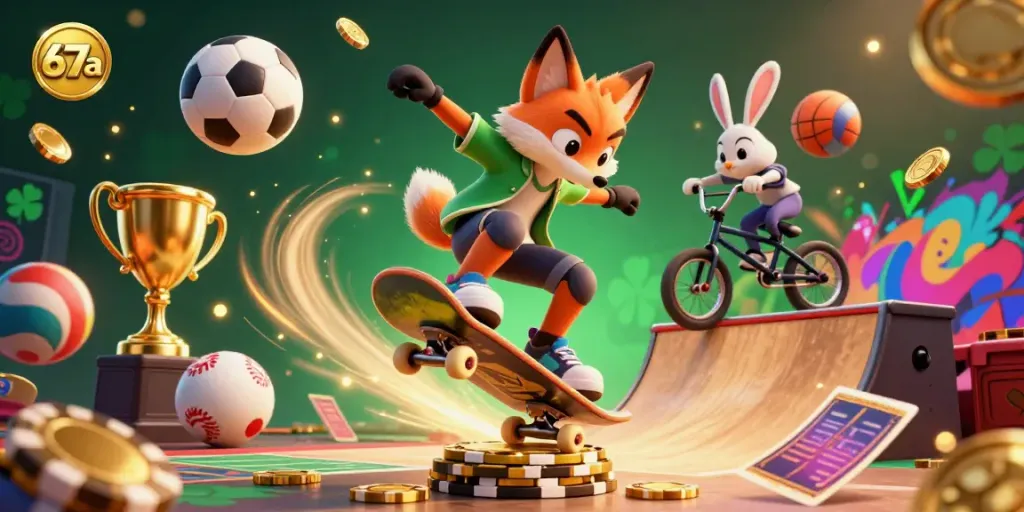 Experience thrilling gameplay with 67a in an ultra-detailed animated casino scene featuring dynamic sports elements.