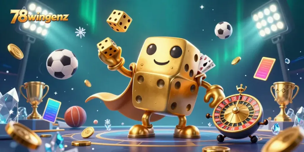 Experience thrilling gameplay with 78wingenz, featuring a lively casino scene with animated dice and sports elements.