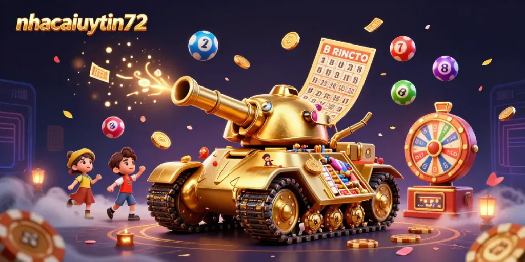 Engaging 3D casino scene featuring nhacaiuytin72's imaginative golden beetle tank with a miniature casino.
