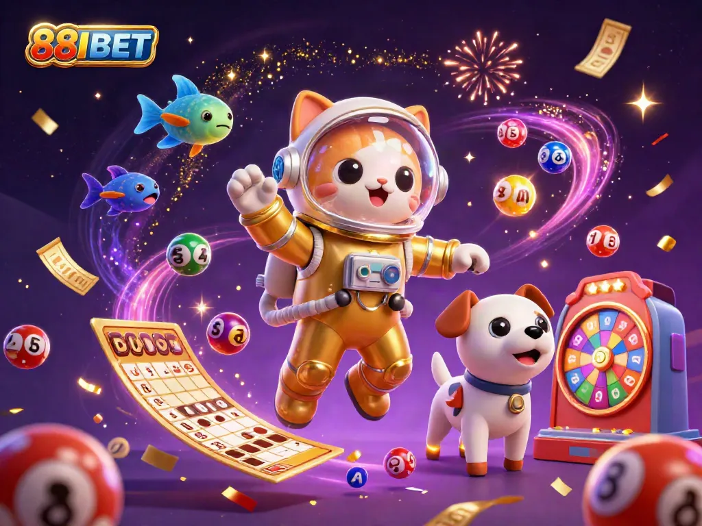 Experience thrilling gaming with 88IBET as colorful lottery balls and prizes animate the cosmic scene.