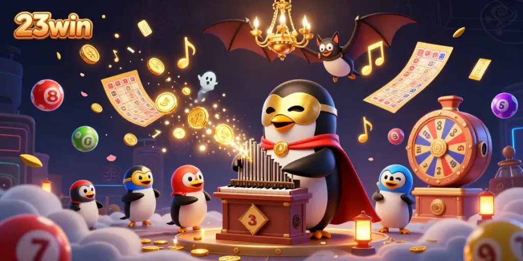 Experience the excitement of 23win with a unique casino-themed scene featuring colorful lottery balls and gold coins.