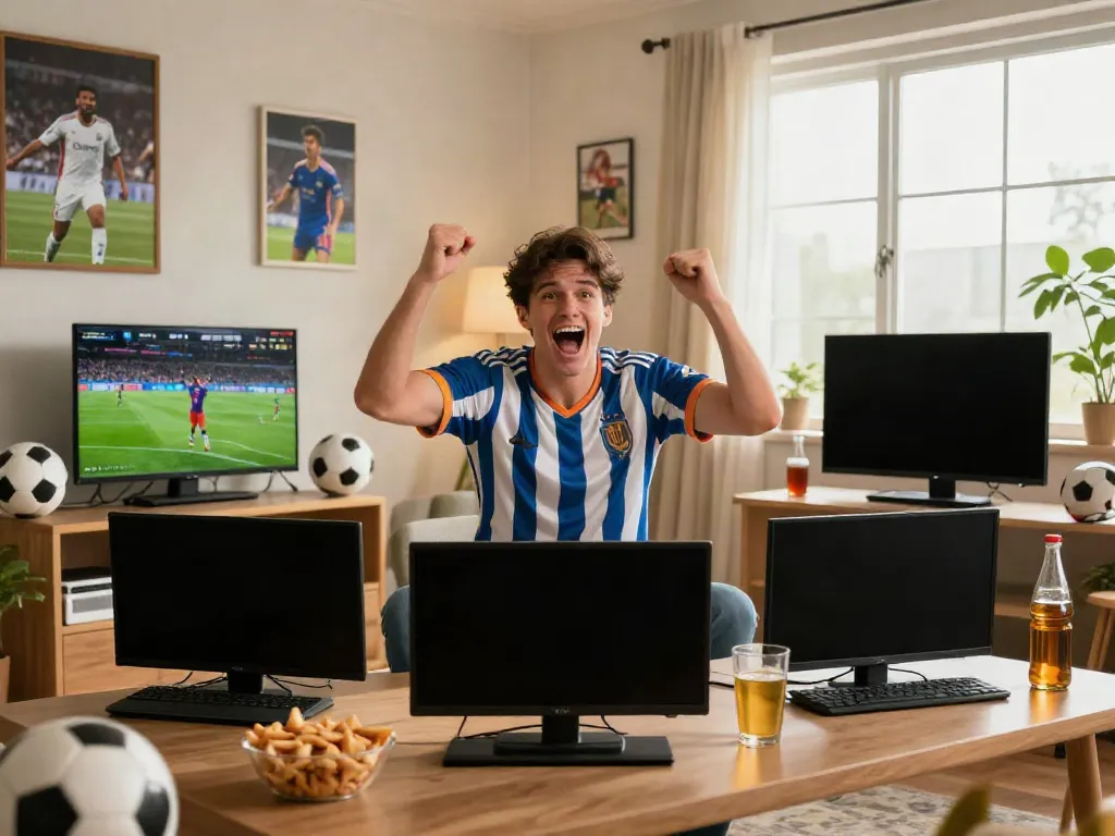 Engaged fan watching live football on multiple screens at home, celebrating sports excitement with snacks and memorabilia, enhancing the experience of gavangtv.life.