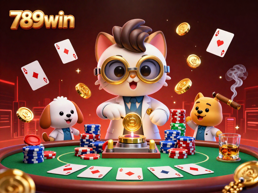 Engage with the 789win casino scene featuring a mad scientist cat and lab assistant dog at a vibrant poker table.