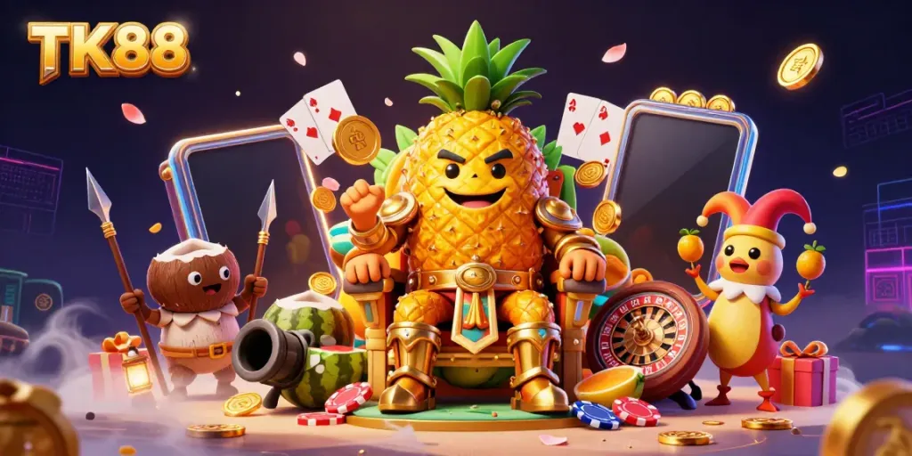 Engage with the vibrant TK88-themed 3D casino illustration featuring a pineapple king amidst dynamic gambling elements.