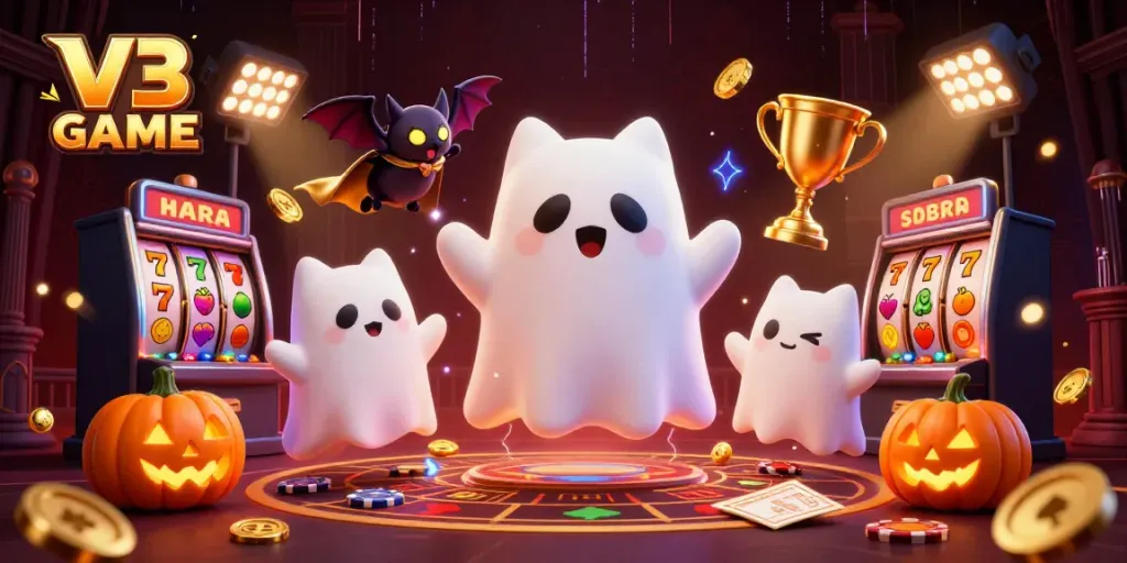 Engage with V3 GAME in a vibrant scene featuring a ghost cat, bat companion, and casino elements.