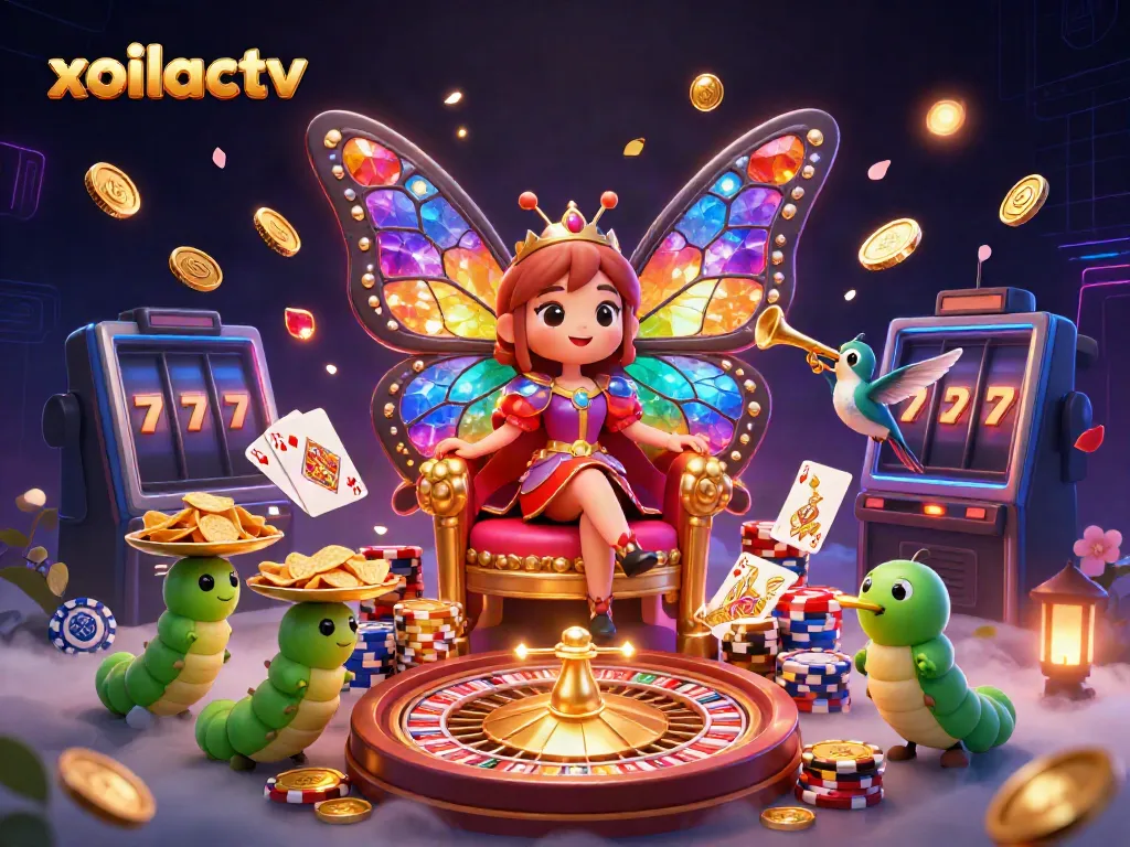 Experience the vibrant world of xoilactv with a dazzling illustration of a butterfly queen and casino games.