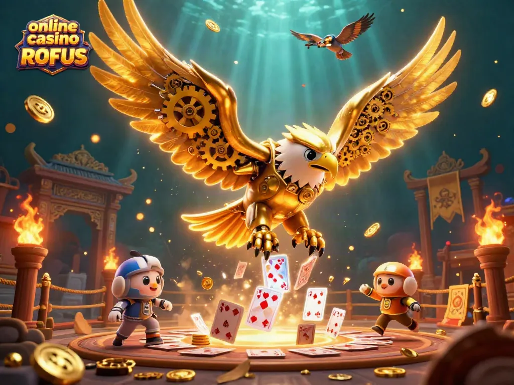 Engaging illustration of online casino uden ROFUS featuring a golden eagle and holographic cards.