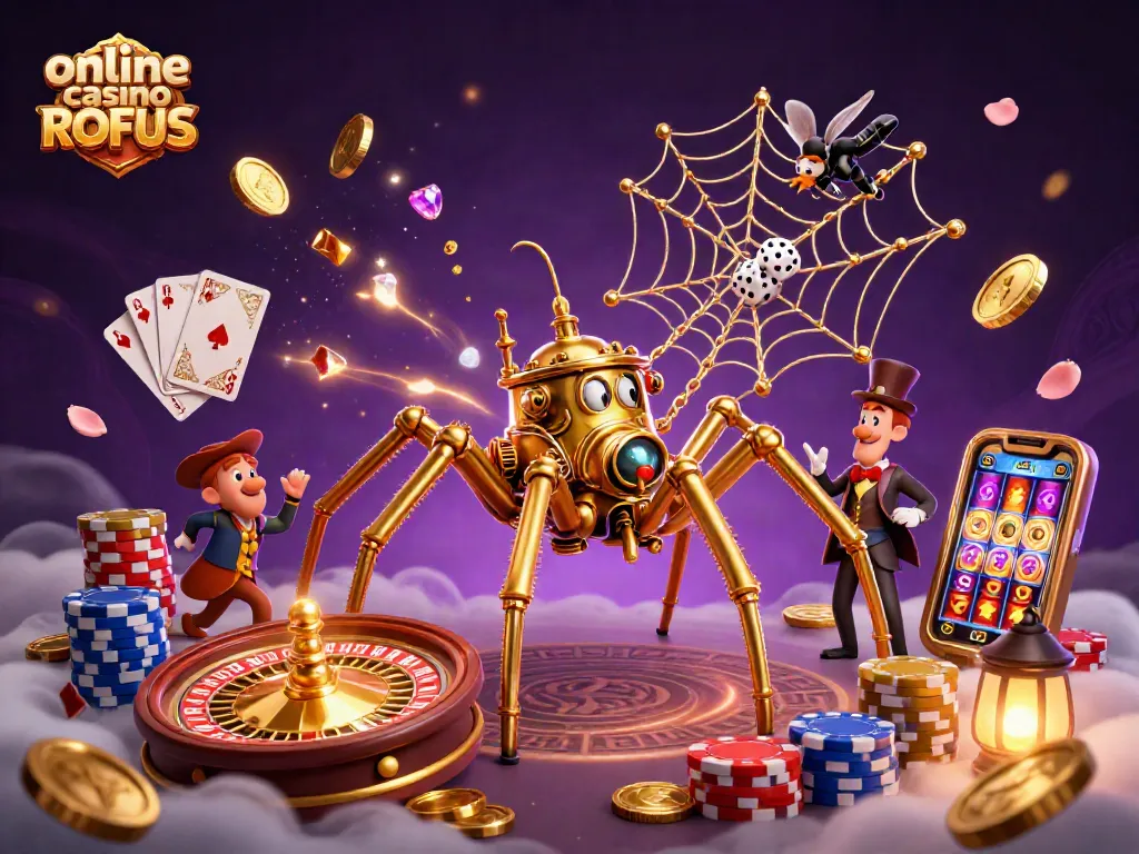 Engage with online casino uden ROFUS featuring a steampunk spider and vibrant gaming elements.