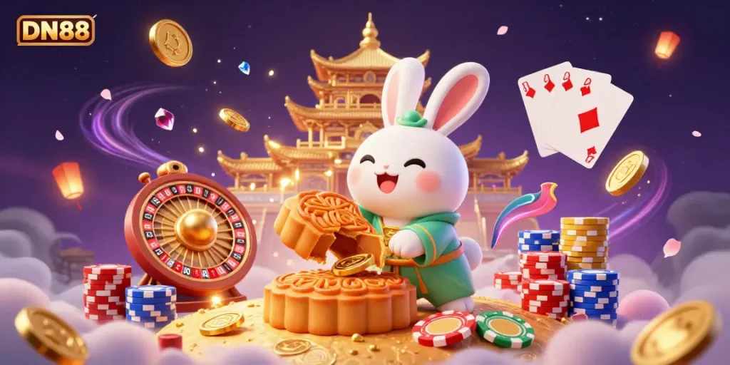 Experience the gaming magic of DN88 with a whimsical moon rabbit and casino elements!