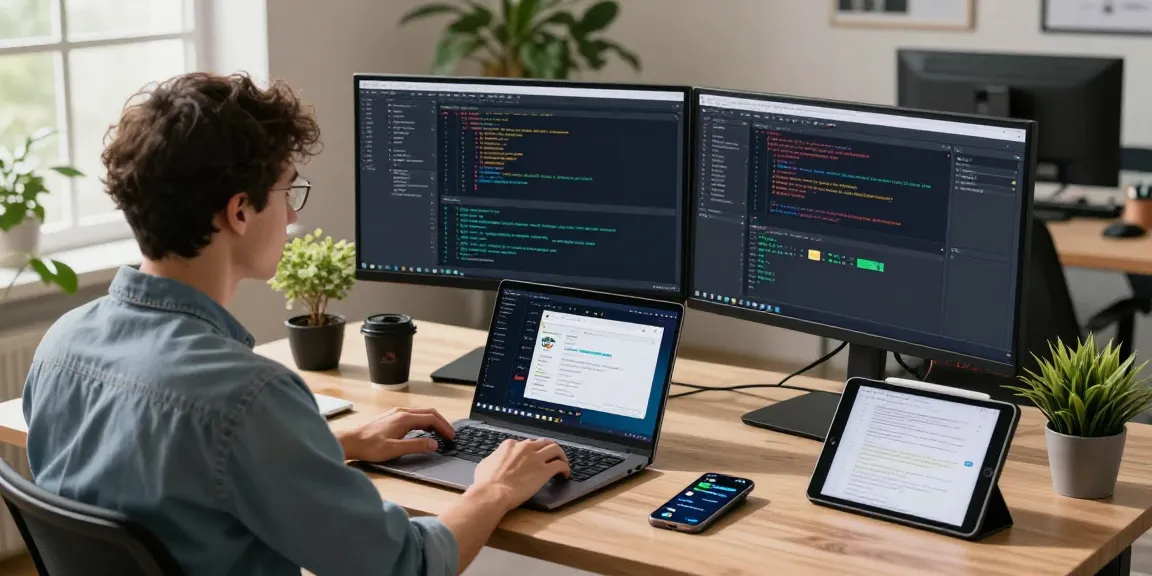 Arbetare vid dator i en modern arbetsplats som visar anti-detect webbläsare i en innovativ tech-miljö.