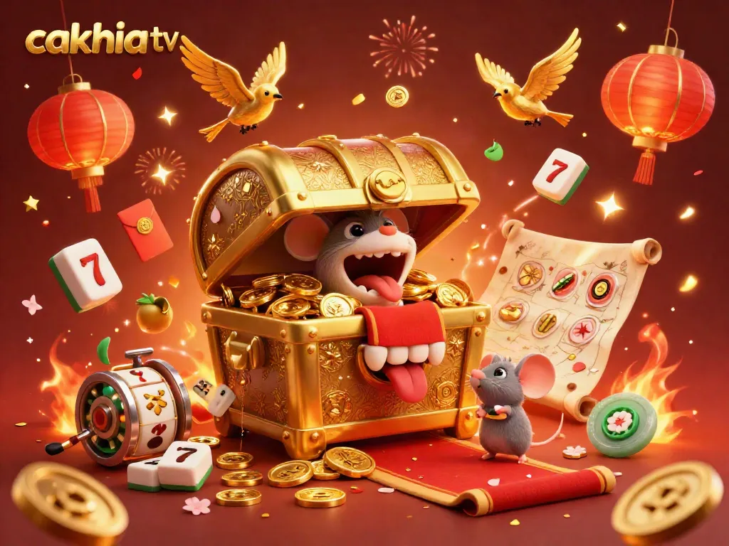 Cakhia tv showcases a vibrant 3D treasure scene filled with slot symbols and festive celebrations.