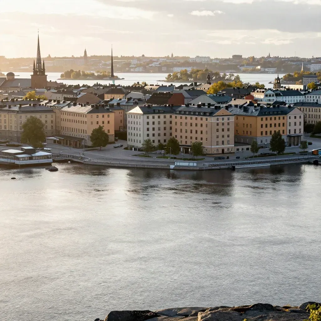 Stockholms silhuett över stilla skärgårdsvatten i varmt kvällsljus