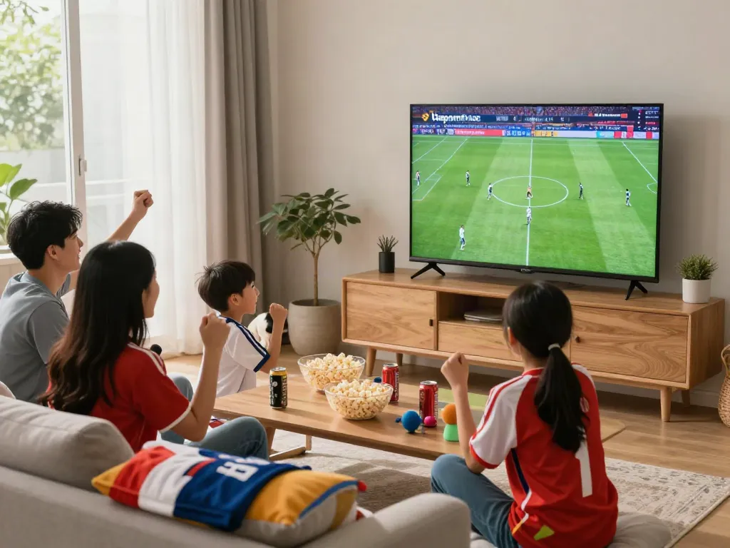 Fans enjoying live football on thapcamtv.ac in a cozy living room.
