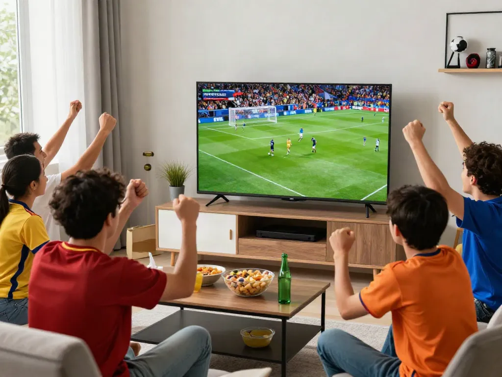 Live football match on socolive8.media in a lively home viewing party with fans cheering.