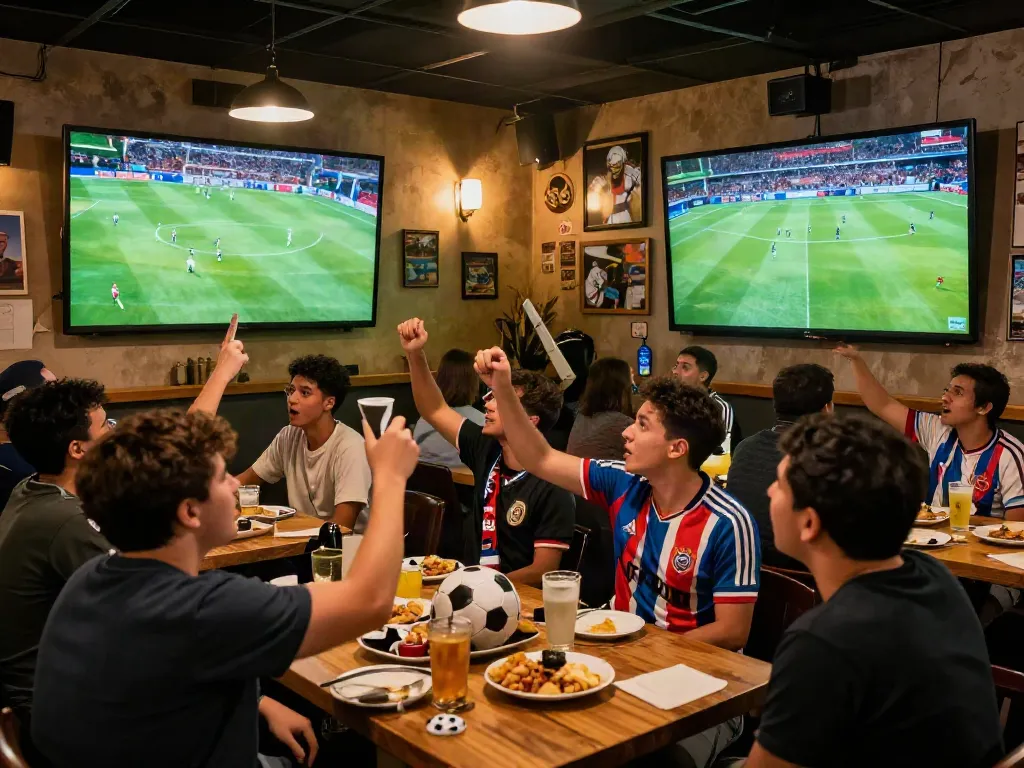 Exciting soccer viewing atmosphere at a vibrant sports bar, showcasing fans enjoying matches on socolivekz.uk.