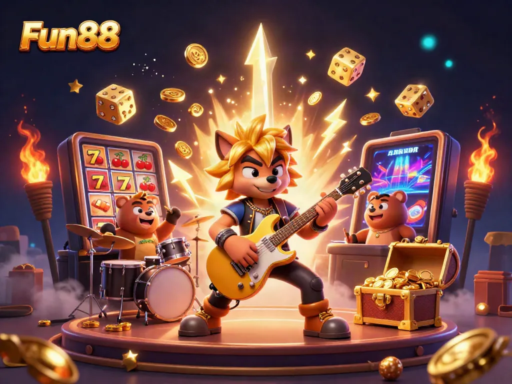 Experience the thrill of Fun88 with a vibrant casino scene featuring exciting characters and gaming elements.