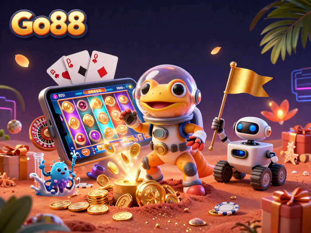 Go88 Martian gecko explores a golden casino on Mars, surrounded by vibrant gambling elements.
