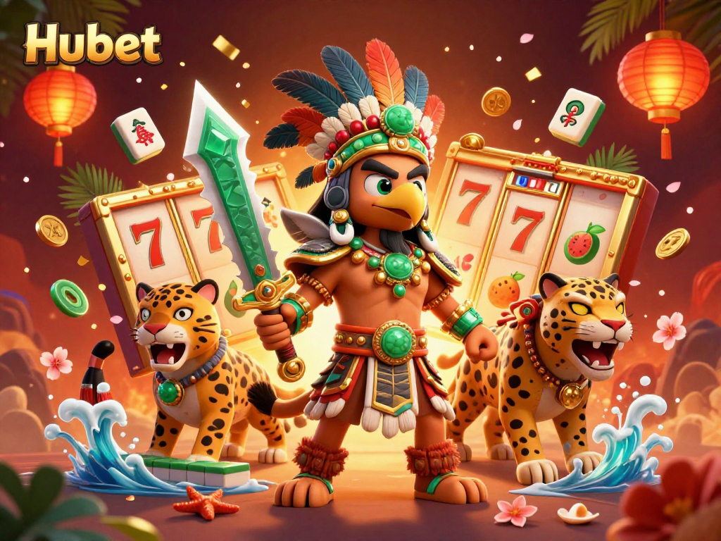 Experience thrilling wins at Hubet with vibrant slot action amidst dynamic Aztec warriors in a rich 3D illustration.