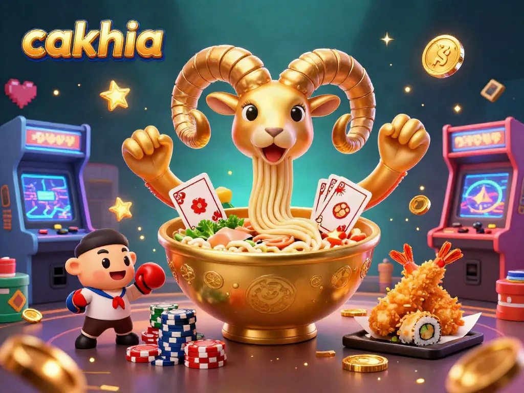 Cakhia sports betting scene with a golden ramen bowl dealing cards, vibrant casino elements.