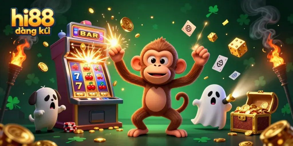 Engage with hi88 đăng ký as a playful poltergeist juggles casino riches in a vibrant animated scene.