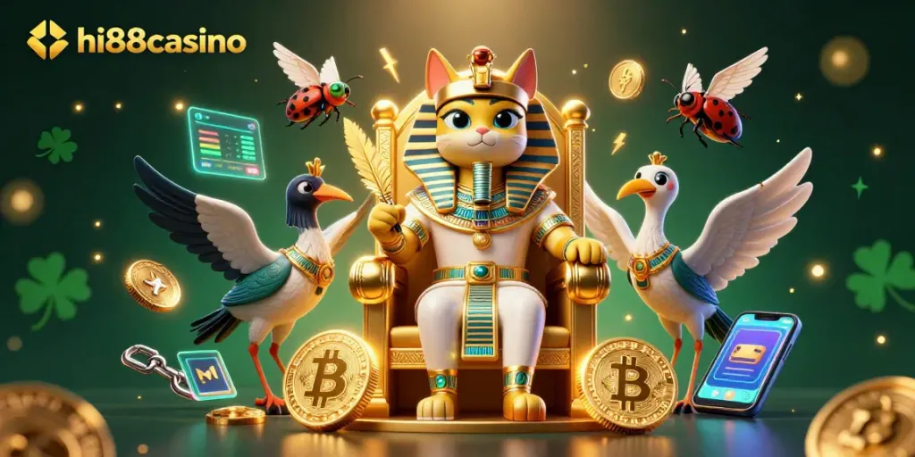Engage with hi88casino through this vibrant depiction featuring a 3D Egyptian pharaoh cat in a dynamic gambling environment.