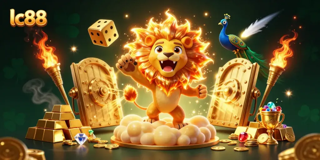 lc88 showcases winning opportunities with a 3D sun lion and vibrant casino elements.
