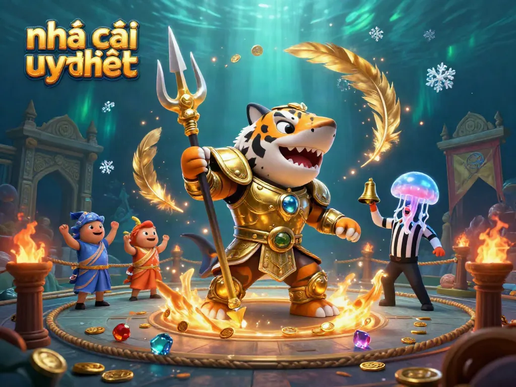 Experience thrilling betting with nhà cái uy tín in an exciting underwater colosseum scene featuring a tiger shark in gladiator armor.