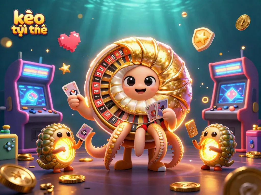 Spin the kèo trực tuyến with a giant nautilus as cards and arcade elements surround in an immersive casino scene.