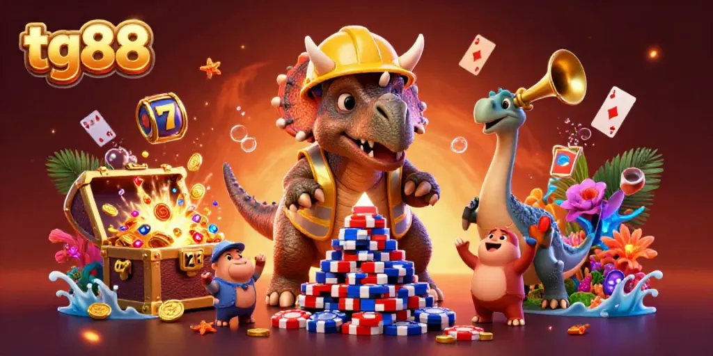 Experience tg88 excitement with a lively scene of dinosaurs celebrating at a casino.
